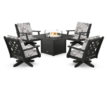 Country Living Wovendale 5-Piece Deep Seating Swivel Conversation Set with Fire Pit Table in Black / Leaf Grey Mist