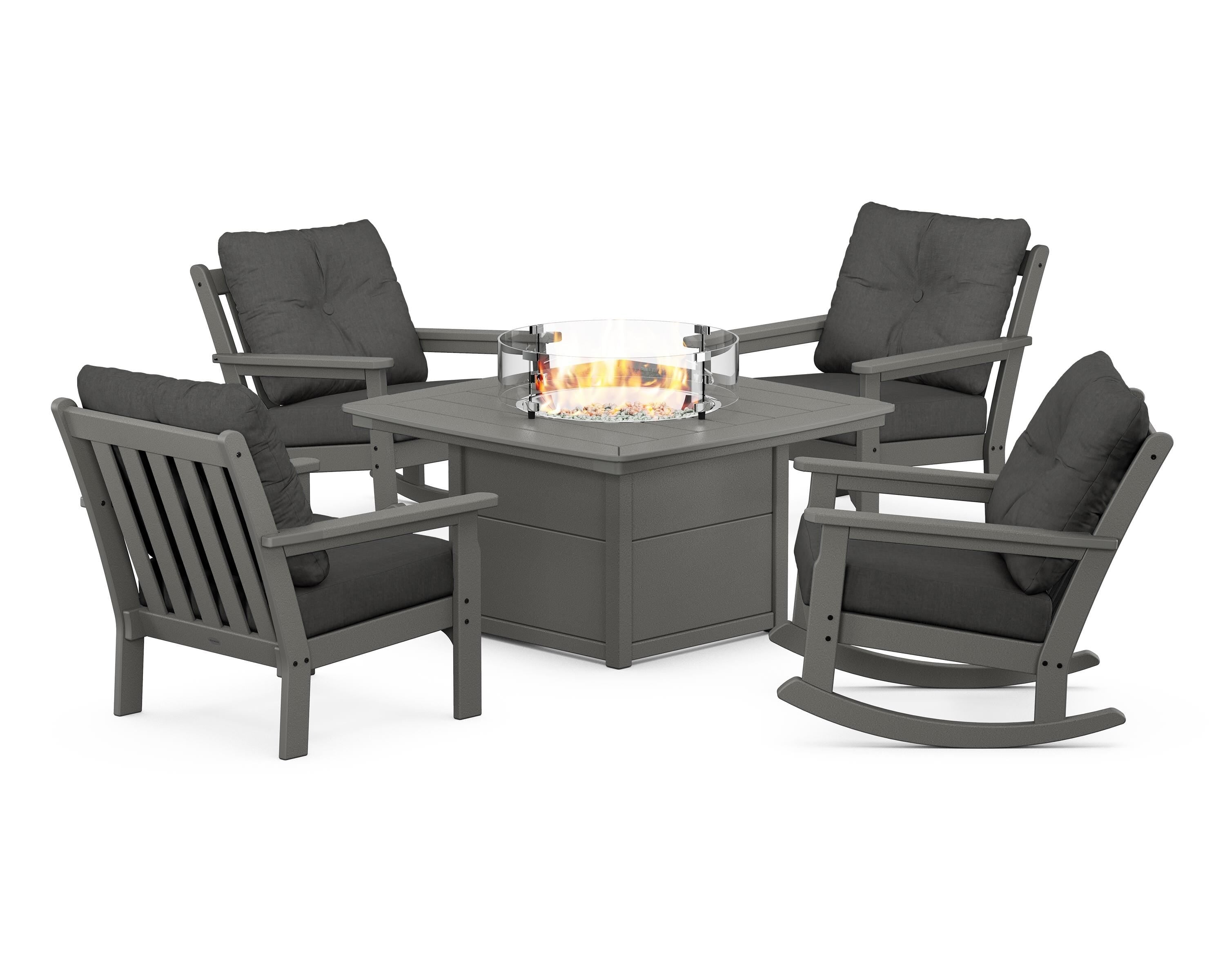 POLYWOOD® Vineyard 5-Piece Deep Seating Rocking Chair Conversation Set with Fire Pit Table in Slate Grey / Spectrum Carbon