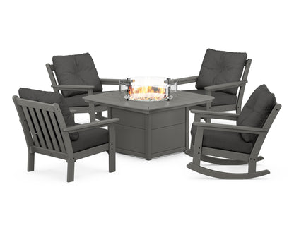 POLYWOOD® Vineyard 5-Piece Deep Seating Rocking Chair Conversation Set with Fire Pit Table in Slate Grey / Spectrum Carbon