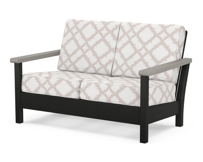 POLYWOOD® Harbour Deep Seating Loveseat in Black / Driftwood / Trellis Dune Burlap