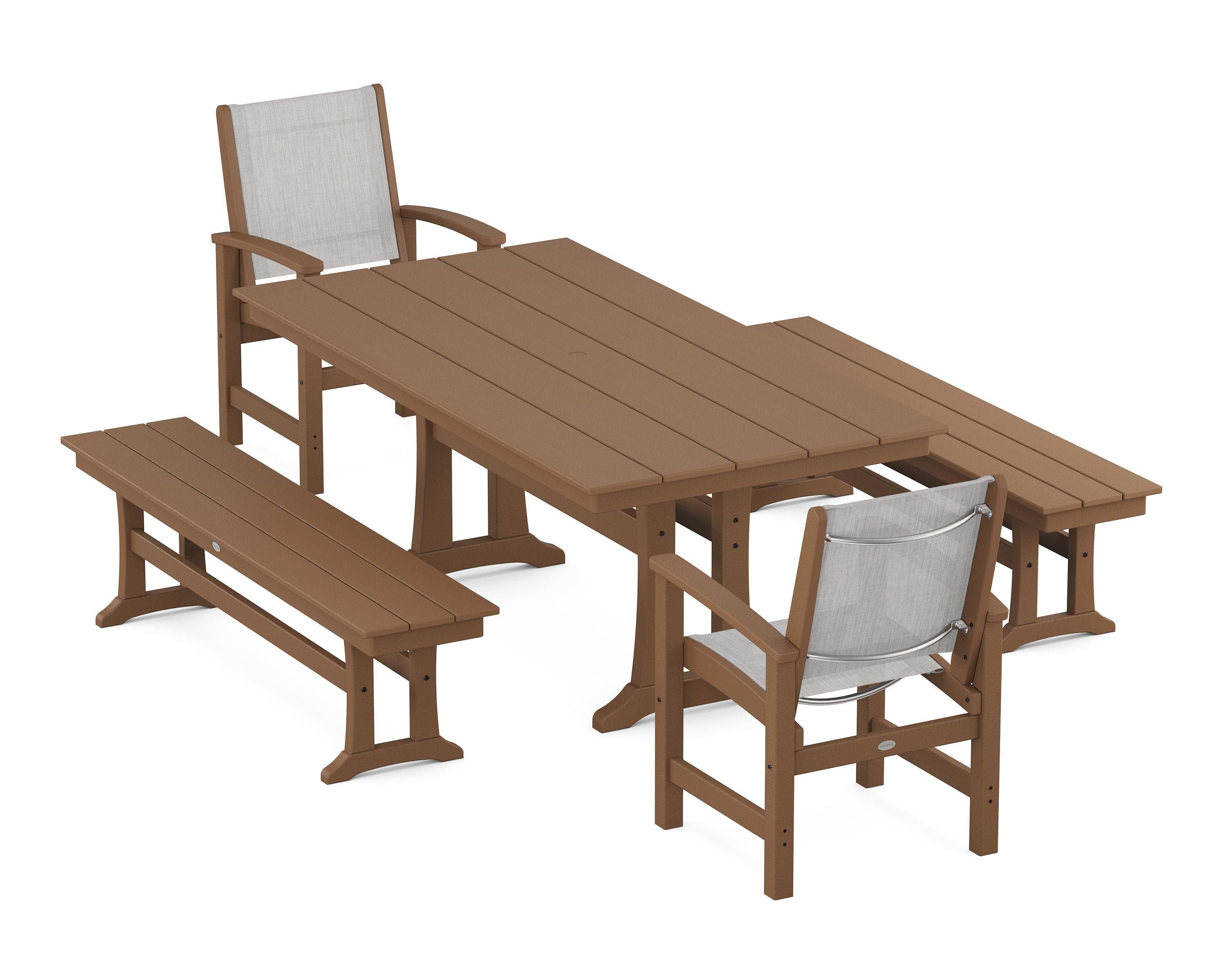 POLYWOOD® Coastal 5-Piece Farmhouse Dining Set with Trestle Legs and Benches in Teak / Parchment Sling