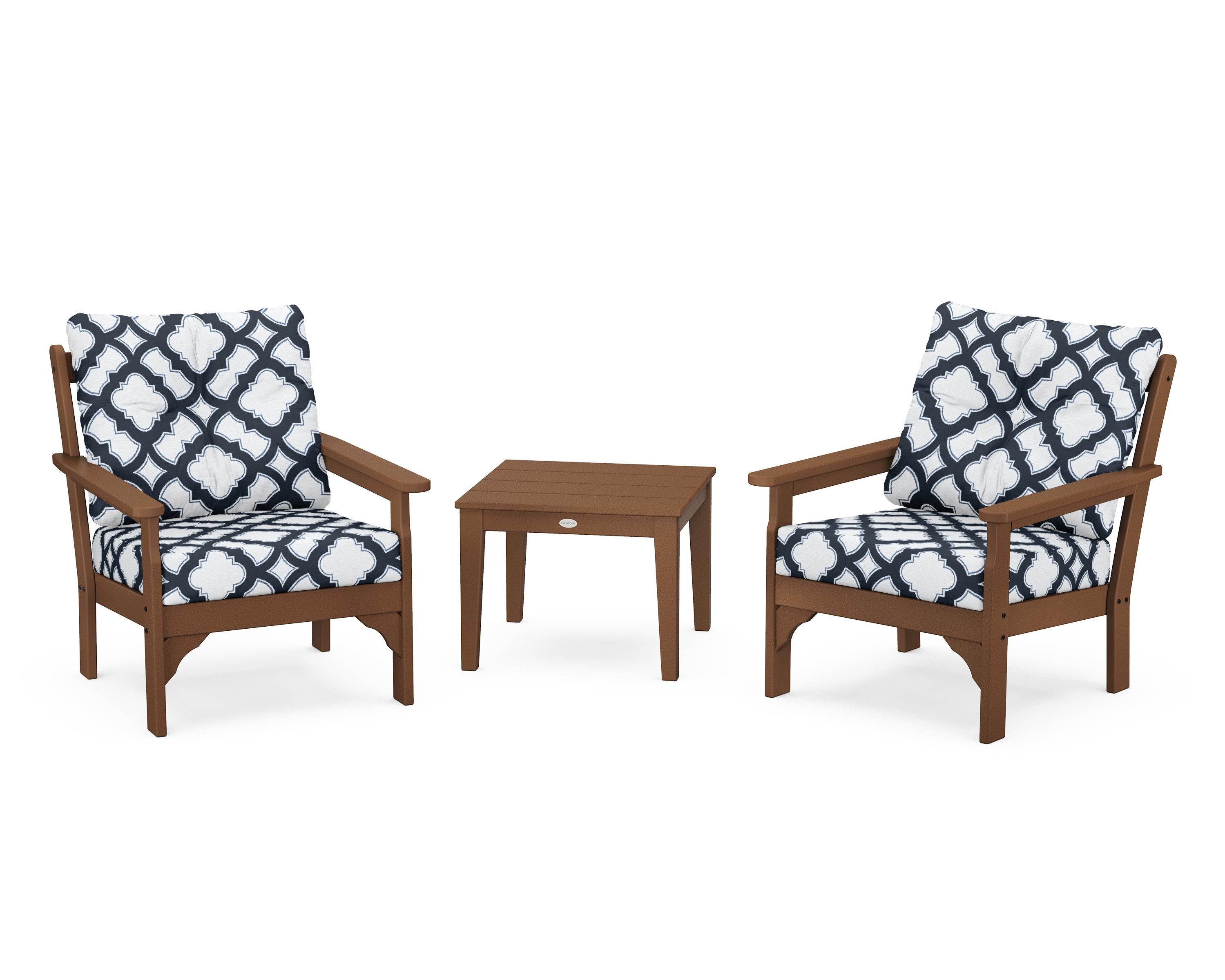 POLYWOOD® Vineyard 3-Piece Deep Seating Set in Teak / Trellis Marine Indigo