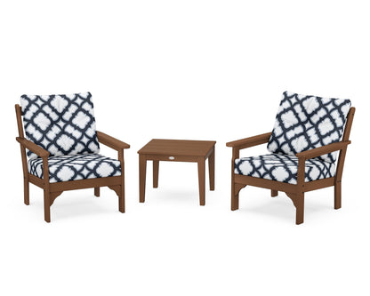 POLYWOOD® Vineyard 3-Piece Deep Seating Set in Teak / Trellis Marine Indigo