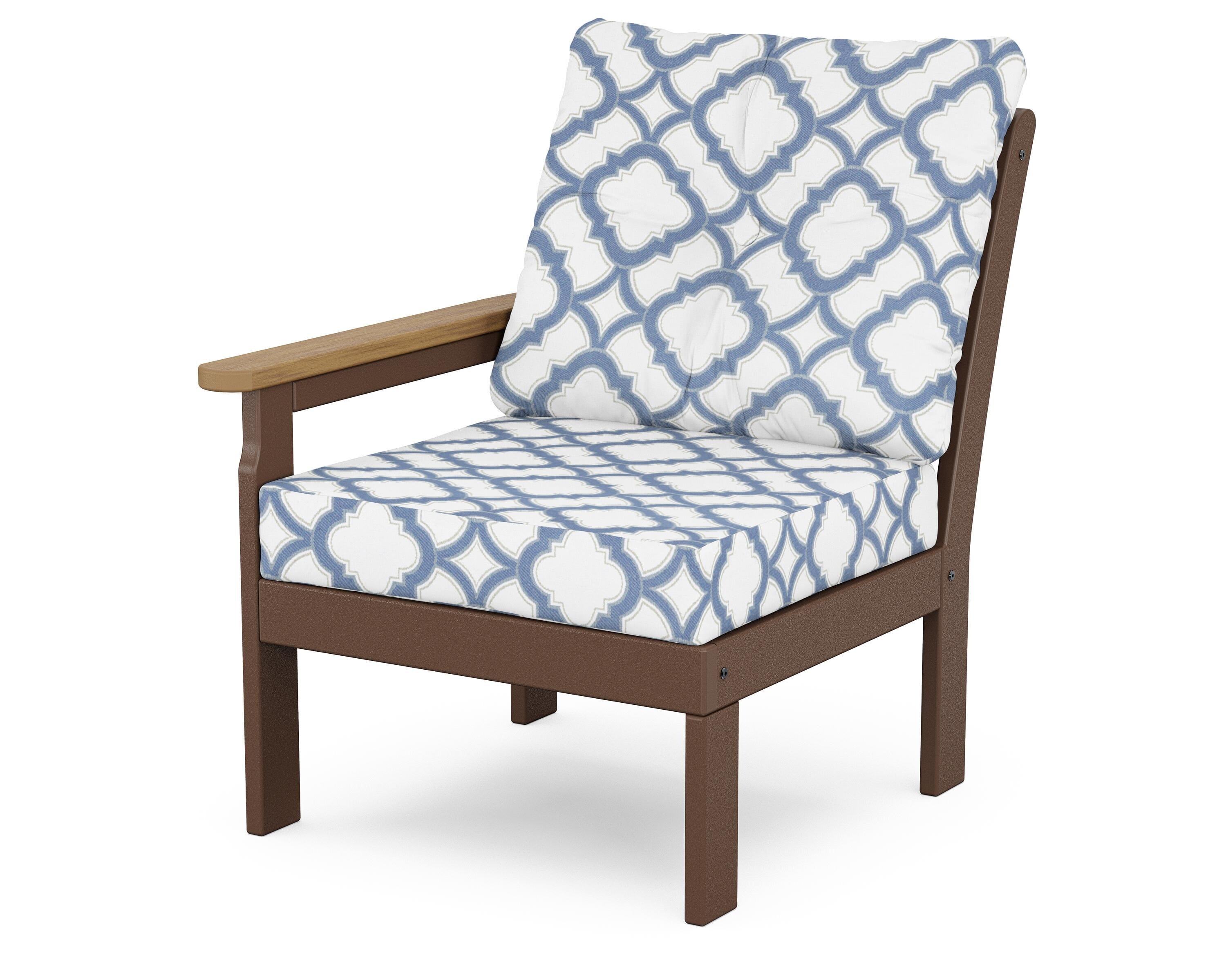 POLYWOOD® Vineyard Modular Left Arm Chair in Mahogany / Natural / Trellis Sky Blue