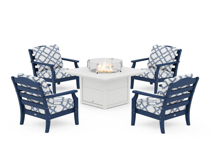 Draper James™ by  POLYWOOD® Savannah 5-Piece Deep Seating Set with Fire Pit Table in Navy / Trellis Sky Blue