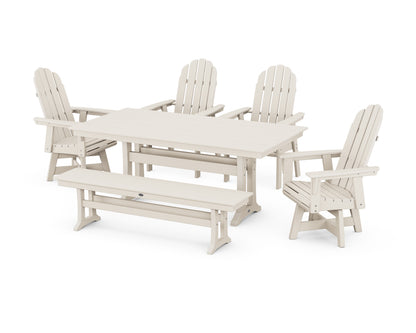 POLYWOOD® Vineyard Curveback Adirondack 6-Piece Swivel Chair Farmhouse Dining Set with Trestle Legs and Bench in Sand