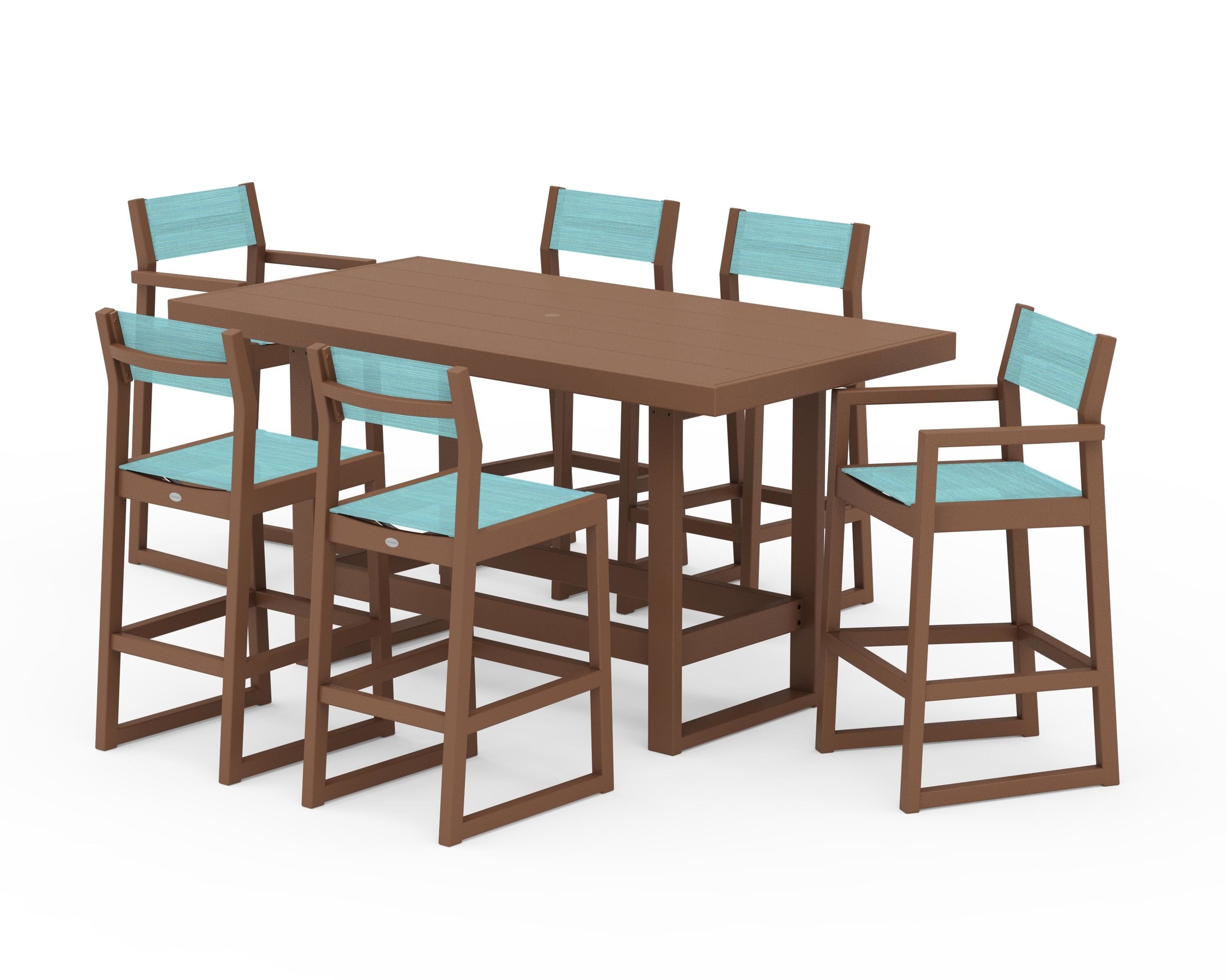 POLYWOOD® EDGE Sling 7-Piece Bar Table Set in Teak / Dupioni Aquamarine Sling