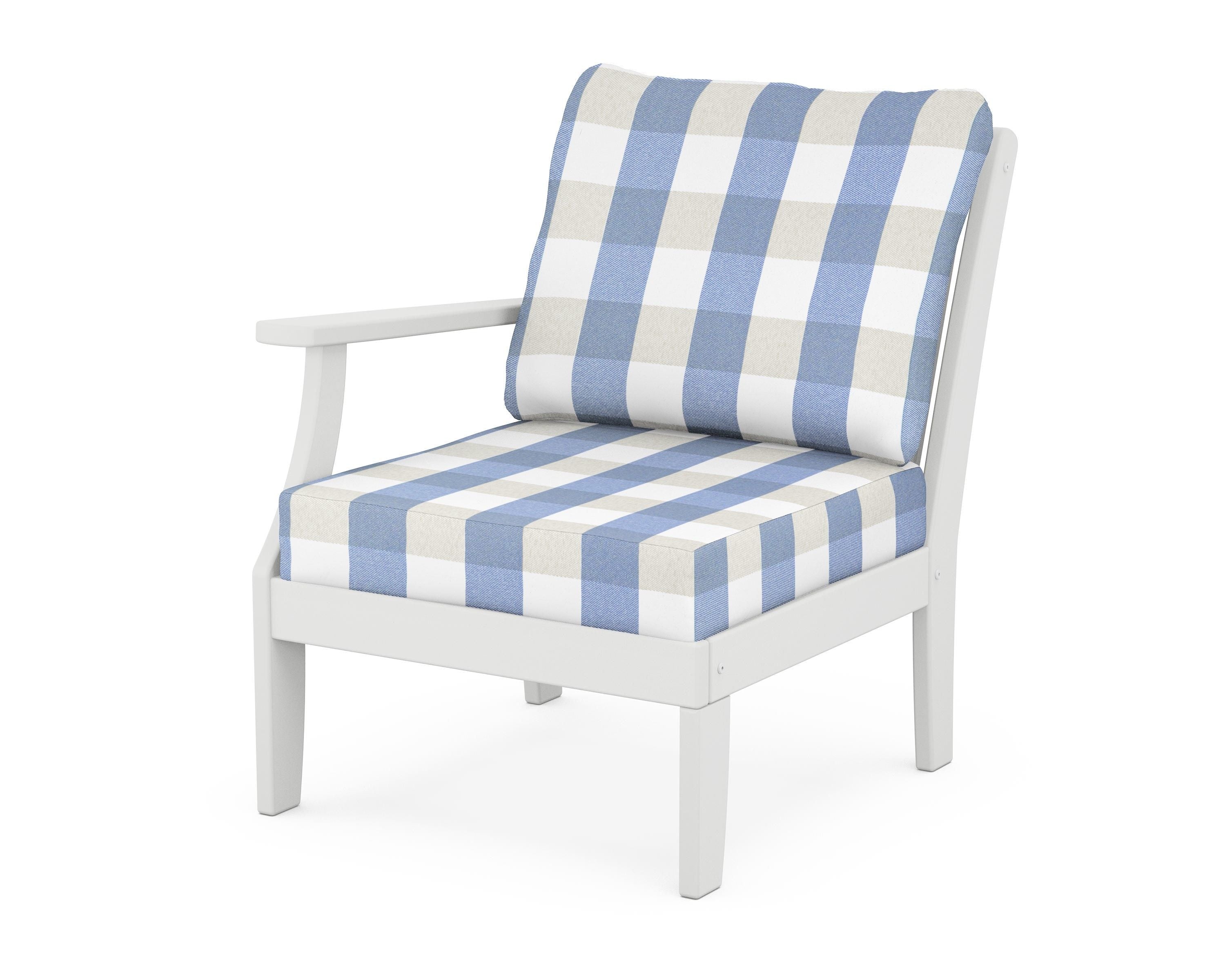 POLYWOOD® Braxton Modular Left Arm Chair in White / Buffalo Plaid Sky Blue