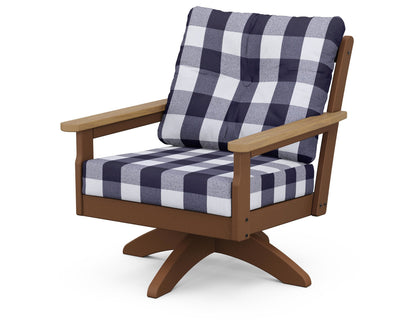 POLYWOOD® Vineyard Deep Seating Swivel Chair in Teak / Natural / Buffalo Plaid Navy