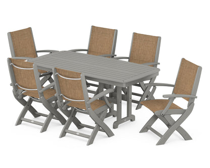 POLYWOOD® Coastal Folding Arm Chair 7-Piece Dining Set in Slate Grey / Burlap Sling