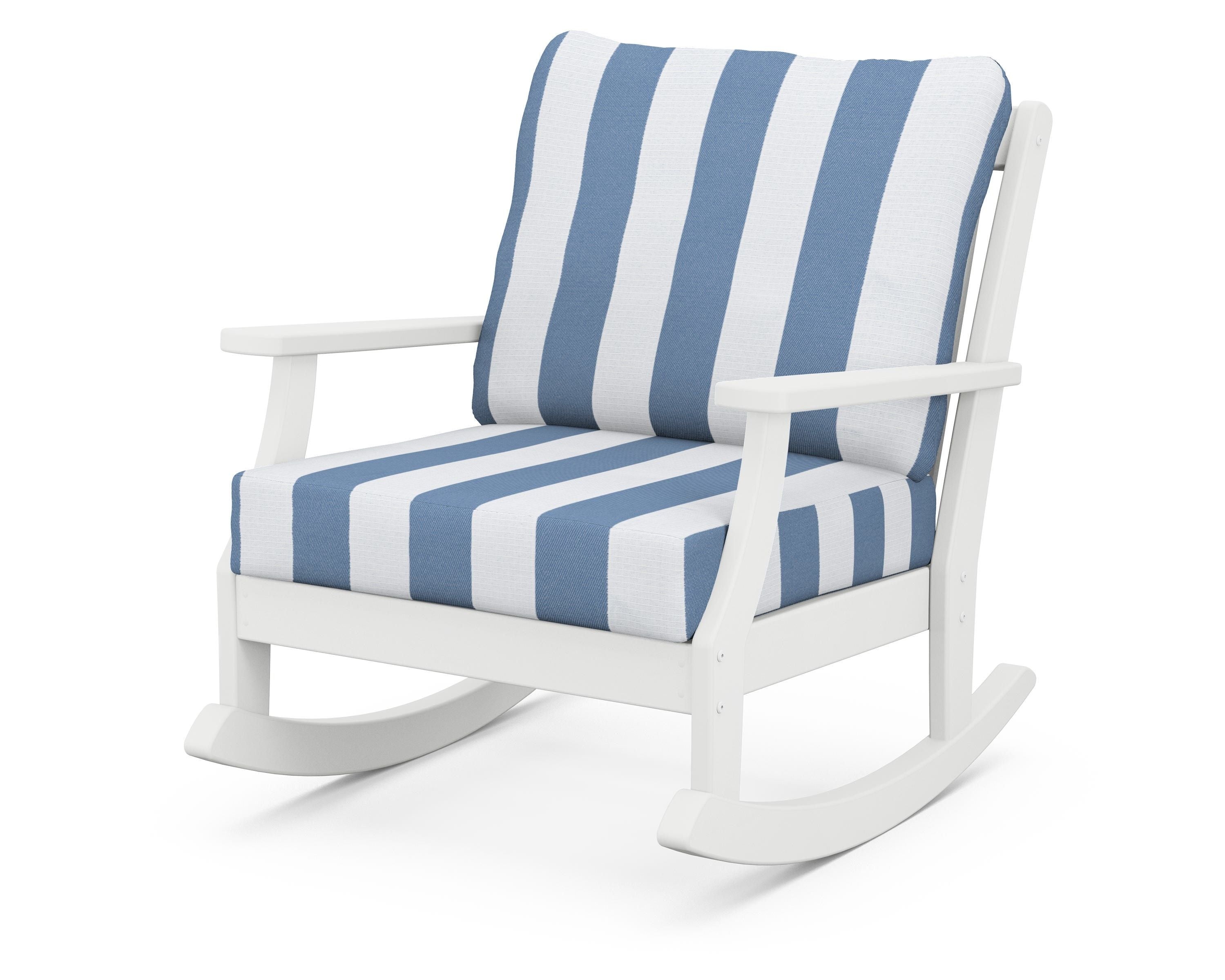 POLYWOOD® Braxton Deep Seating Rocking Chair in White / Cabana Stripe Sky Blue