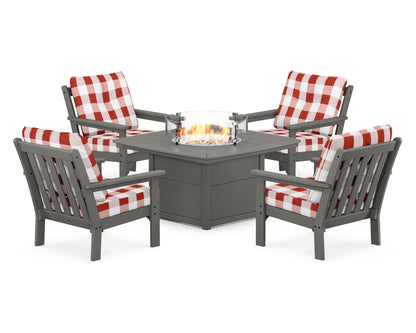 POLYWOOD® Vineyard 5-Piece Conversation Set with Fire Pit Table in Slate Grey / Buffalo Plaid Crimson