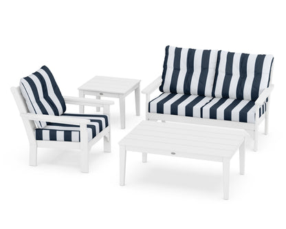 POLYWOOD® Vineyard 4-Piece Deep Seating Set in White / Cabana Stripe Marine Indigo