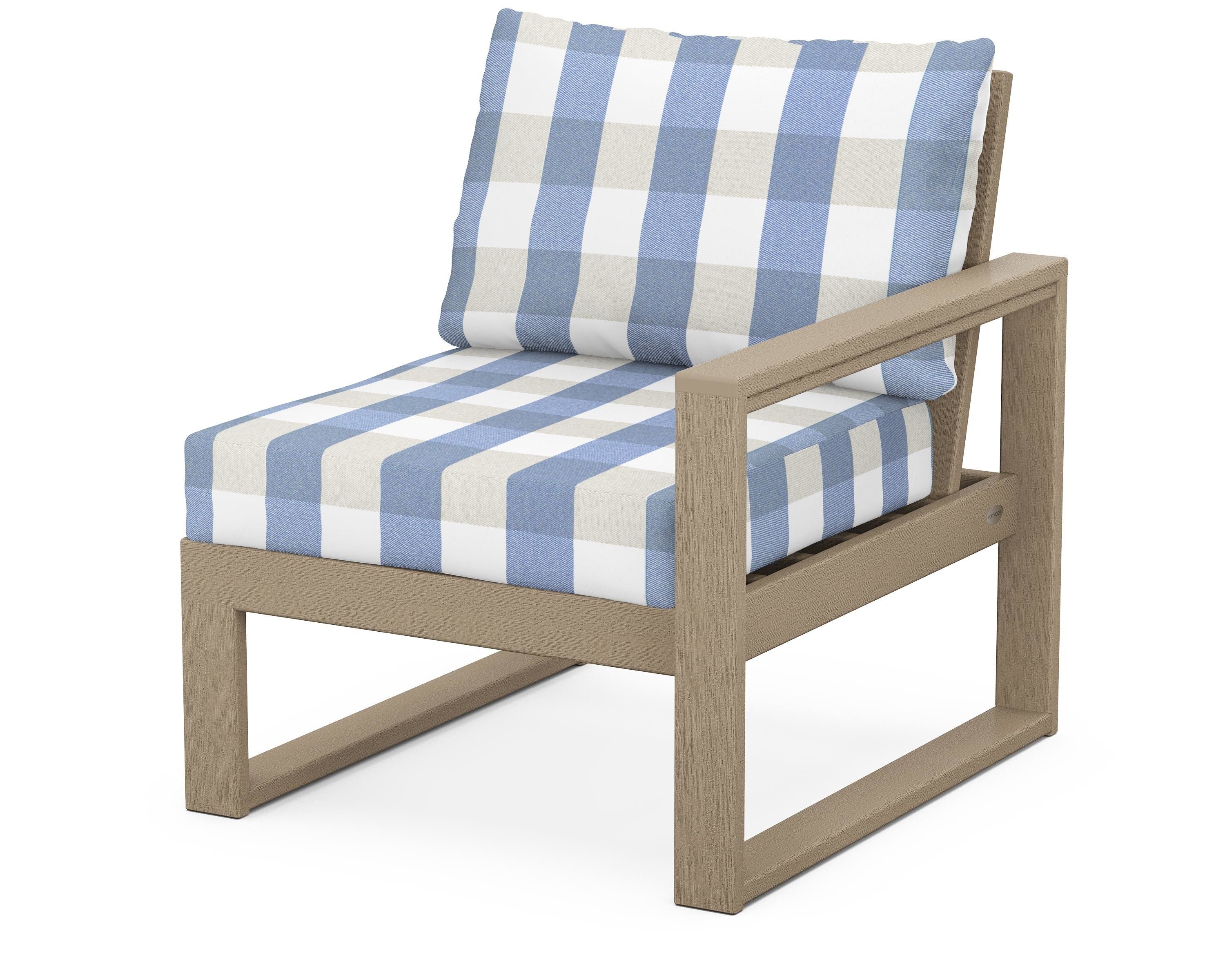 POLYWOOD® EDGE Modular Right Arm Chair in Vintage Sahara / Buffalo Plaid Sky Blue