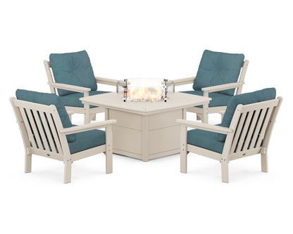 POLYWOOD® Vineyard 5-Piece Conversation Set with Fire Pit Table in Sand / Ocean Teal