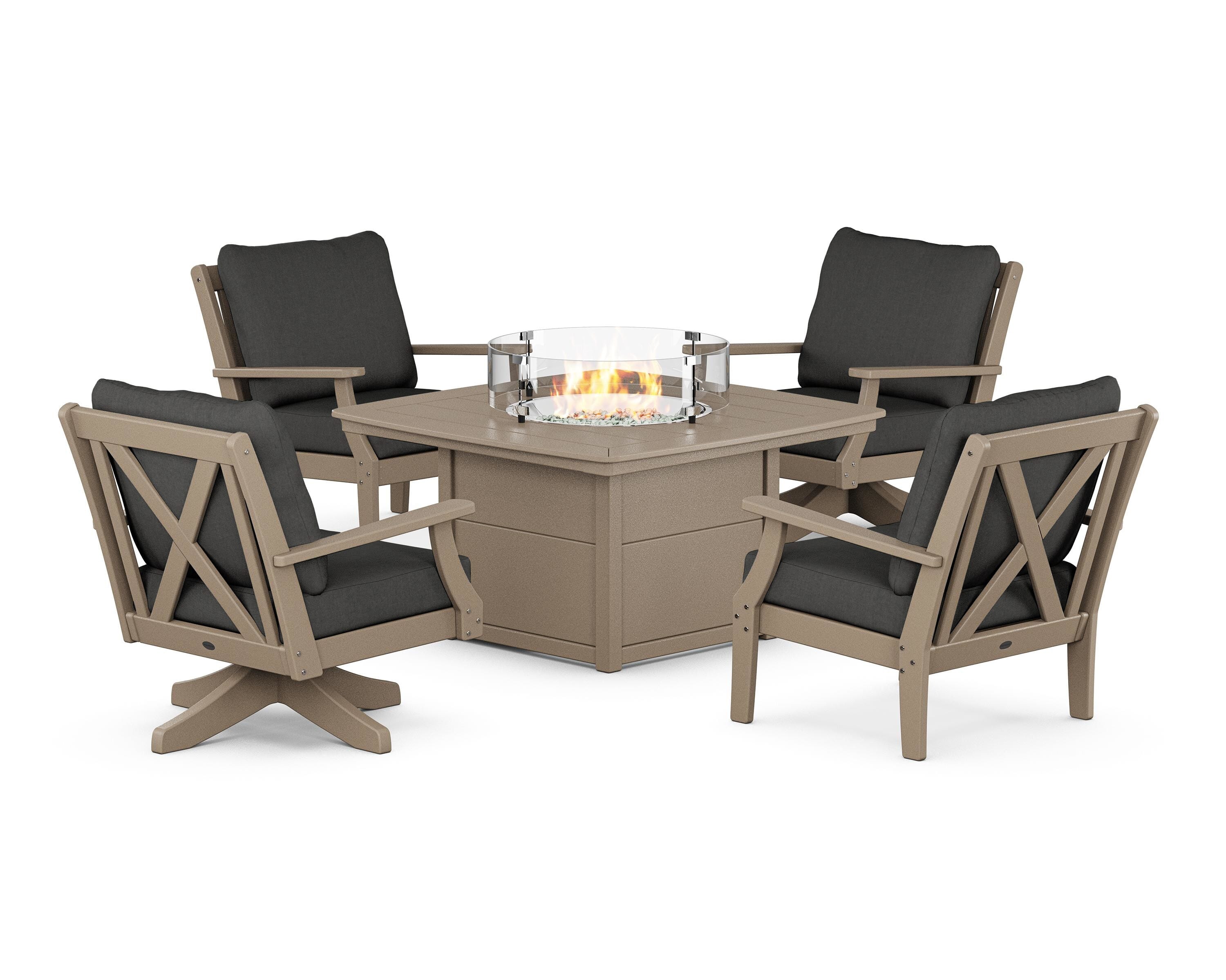 POLYWOOD® Braxton 5-Piece Deep Seating Set with Fire Table in Sand / Spectrum Carbon
