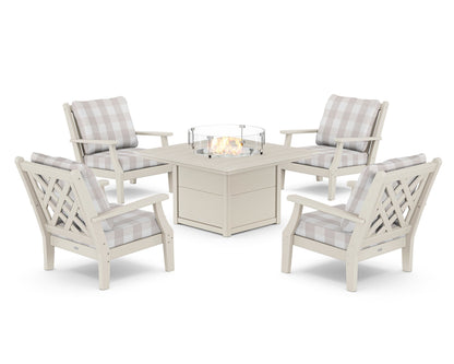 Country Living Wovendale 5-Piece Deep Seating Set with Fire Pit Table in Sand / Buffalo Plaid Dune Burlap