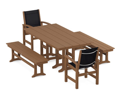 POLYWOOD® Coastal 5-Piece Farmhouse Dining Set in Teak / Black Sling