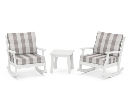 POLYWOOD® Braxton 3-Piece Deep Seating Rocker Set in White / Buffalo Plaid Grey Mist
