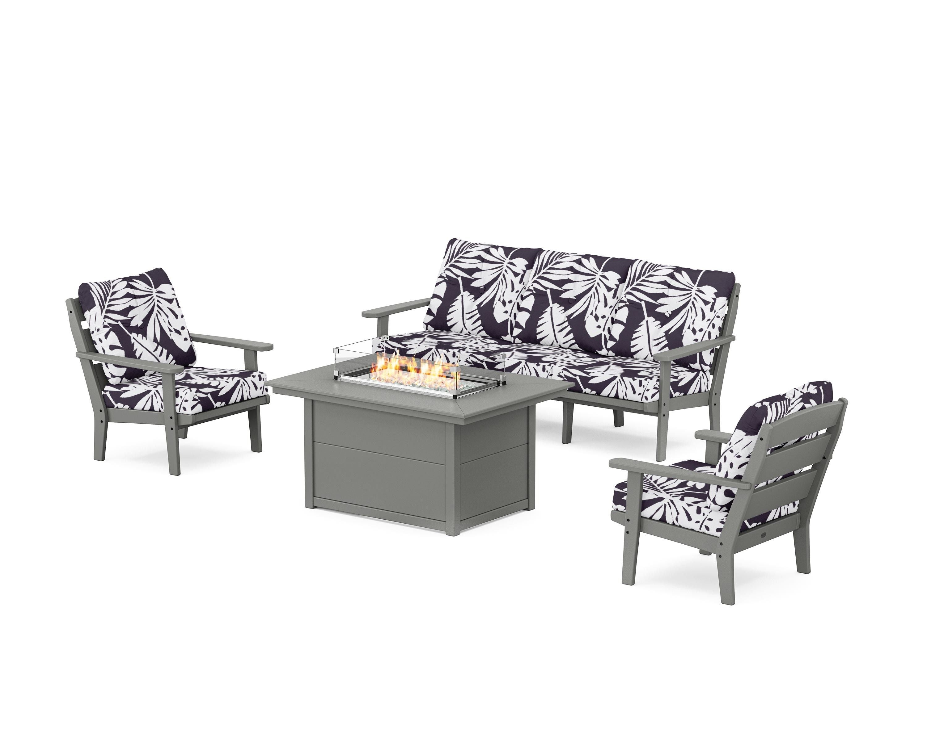 POLYWOOD® Lakeside Deep Seating Fire Pit Table Set in Slate Grey / Leaf Navy
