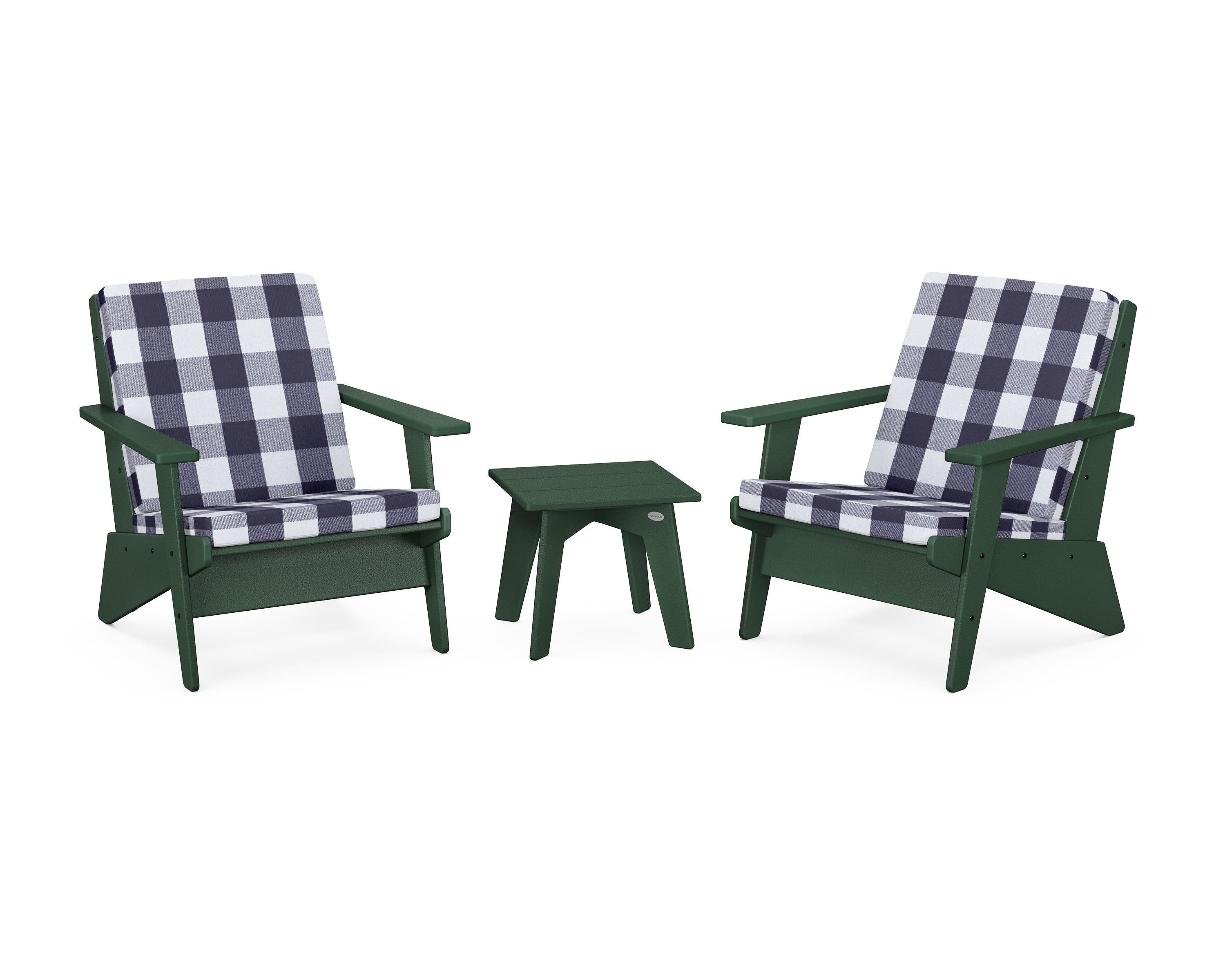 POLYWOOD® Riviera Modern Lounge 3-Piece Set in Green / Buffalo Plaid Navy