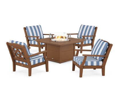 Martha Stewart by POLYWOOD® Chinoiserie 5-Piece Deep Seating Set with Fire Pit Table in Teak / Cabana Stripe Sky Blue