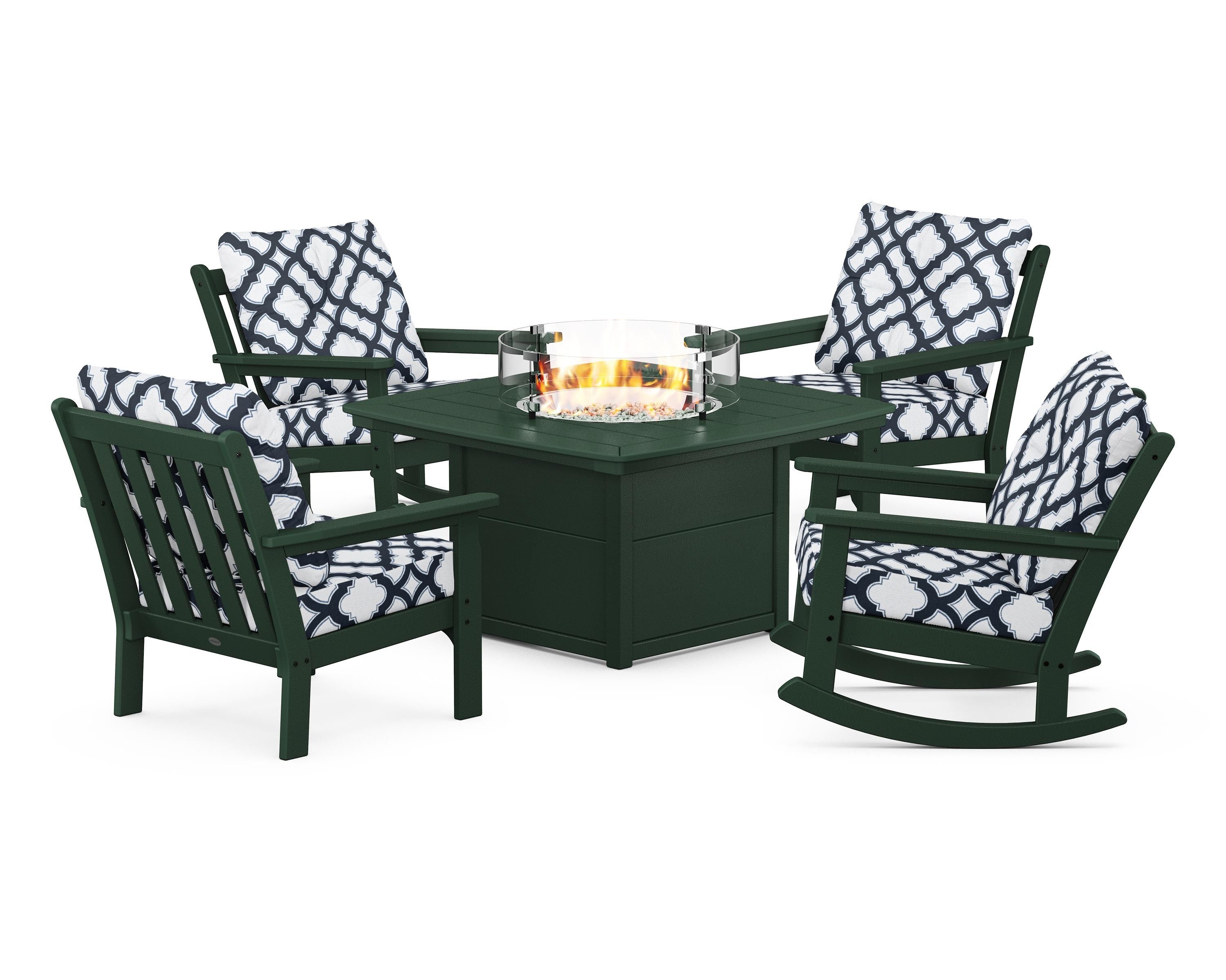 POLYWOOD® Vineyard 5-Piece Deep Seating Rocking Chair Conversation Set with Fire Pit Table in Green / Trellis Marine Indigo