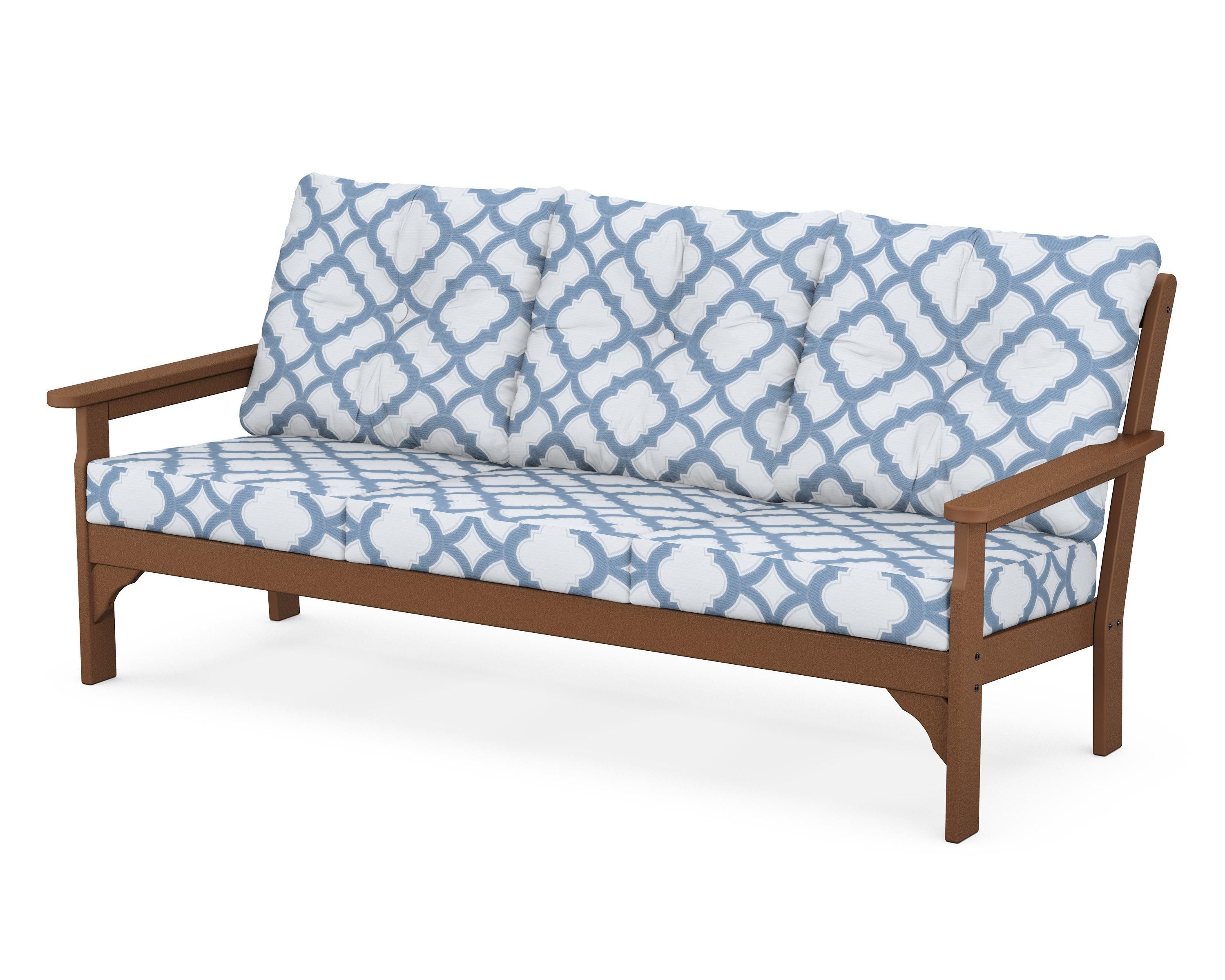 POLYWOOD® Vineyard Deep Seating Sofa in Teak / Trellis Sky Blue