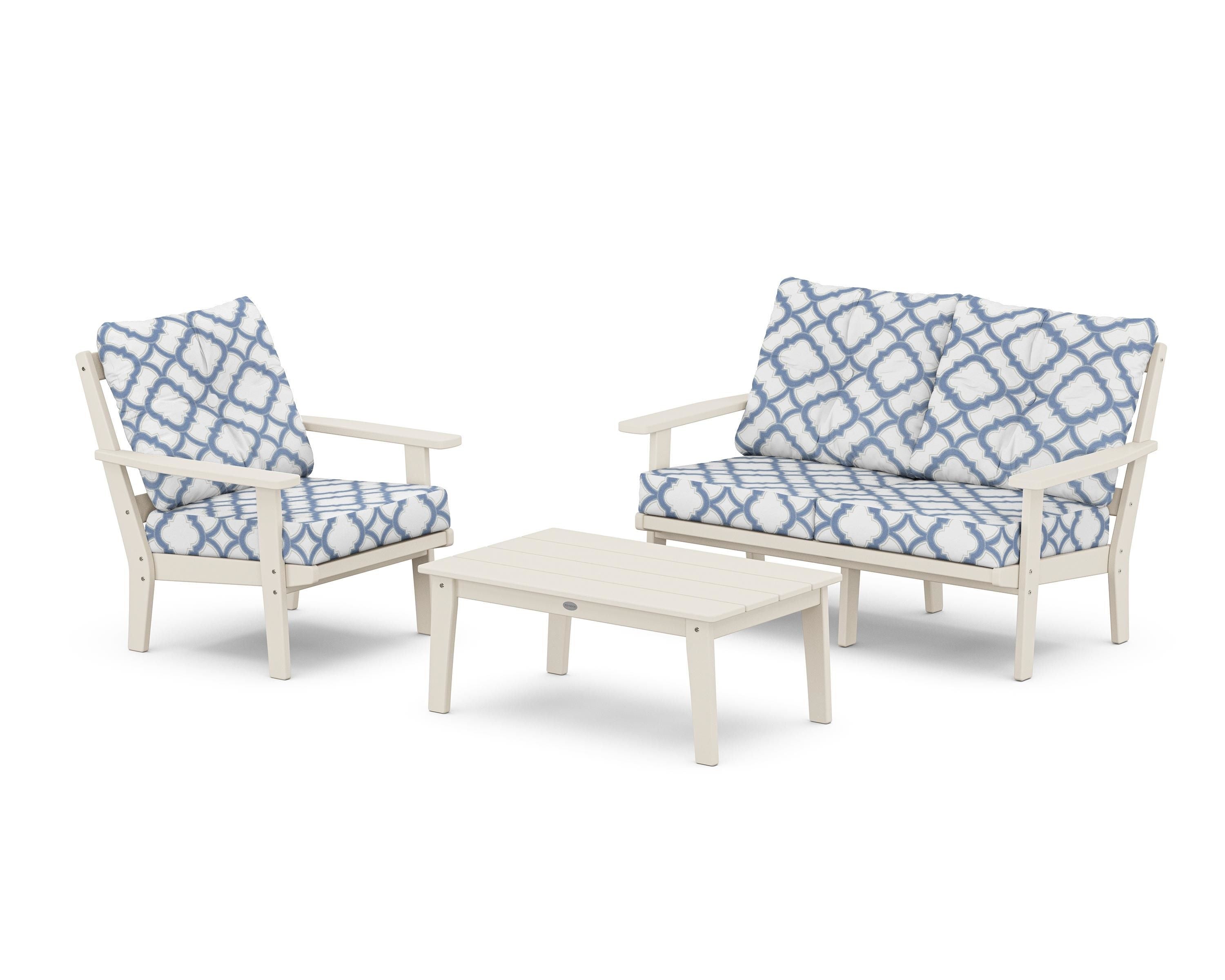 POLYWOOD® Prairie 3-Piece Deep Seating Set with Loveseat in Sand / Trellis Sky Blue