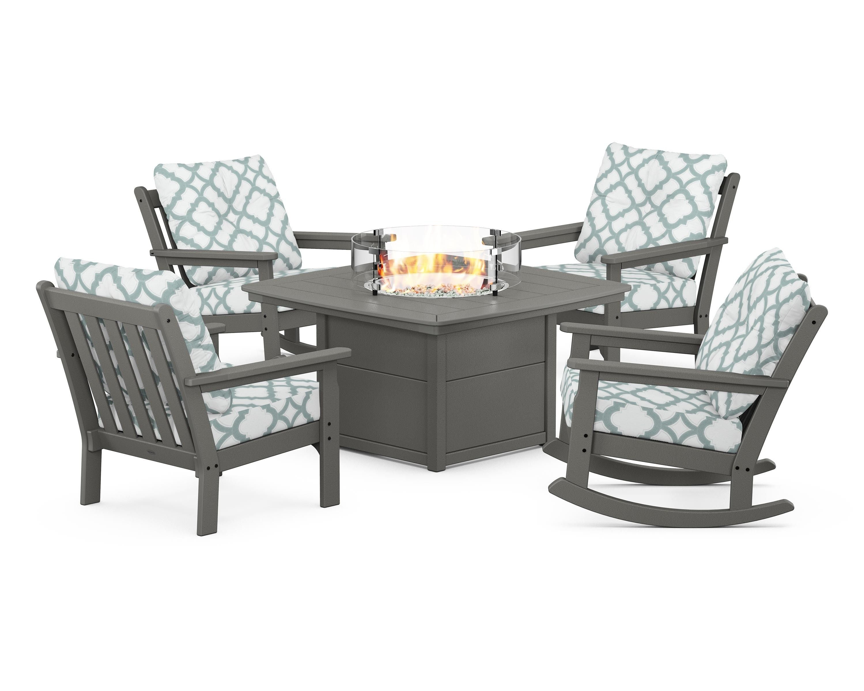 POLYWOOD® Vineyard 5-Piece Deep Seating Rocking Chair Conversation Set with Fire Pit Table in Slate Grey / Trellis Glacier Spa