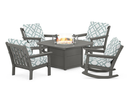 POLYWOOD® Vineyard 5-Piece Deep Seating Rocking Chair Conversation Set with Fire Pit Table in Slate Grey / Trellis Glacier Spa