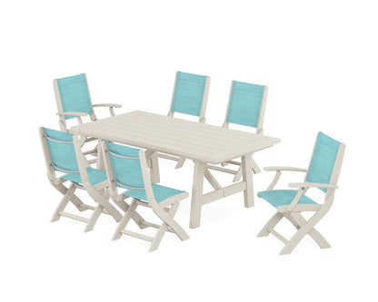 POLYWOOD® Coastal Folding Chair 7-Piece Rustic Farmhouse Dining Set in Sand / Dupioni Aquamarine Sling