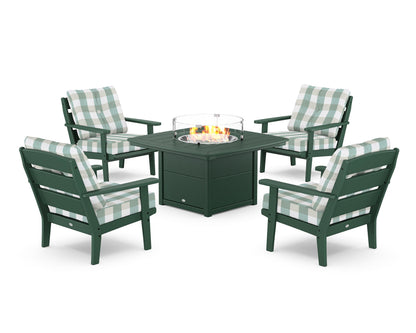 POLYWOOD® Lakeside 5-Piece Deep Seating Set with Nautical Fire Pit Table in Green / Buffalo Plaid Glacier Spa