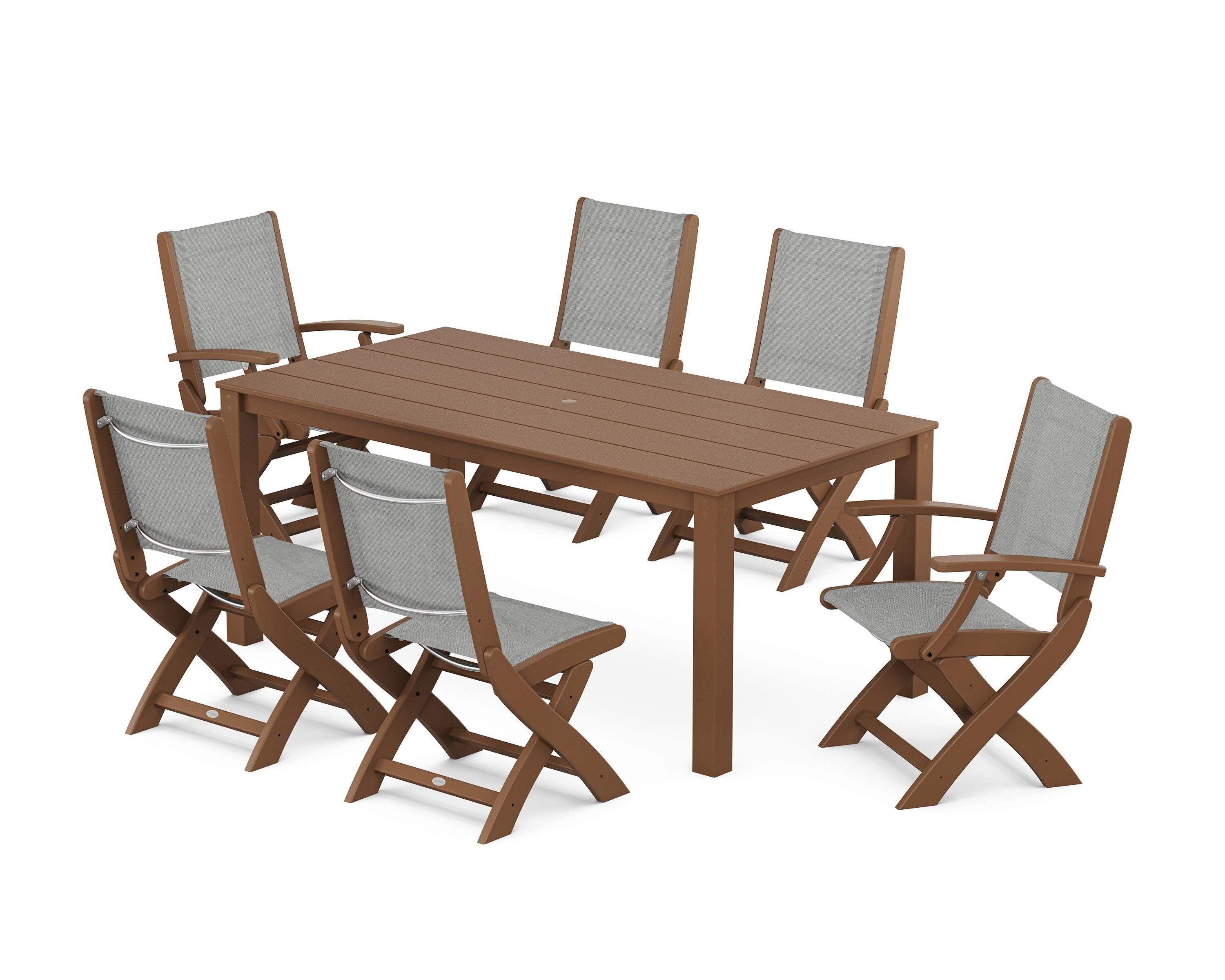POLYWOOD® Coastal Folding Chair 7-Piece Parsons Dining Set in Teak / Metallic Sling