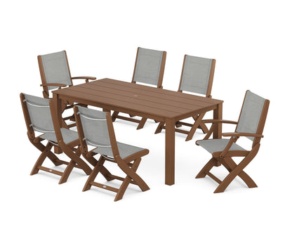 POLYWOOD® Coastal Folding Chair 7-Piece Parsons Dining Set in Teak / Metallic Sling