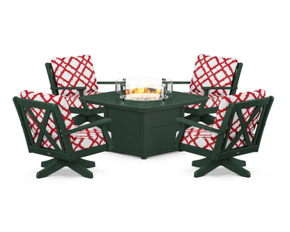 POLYWOOD® Braxton 5-Piece Deep Seating Swivel Conversation Set with Fire Pit Table in Green / Trellis Crimson
