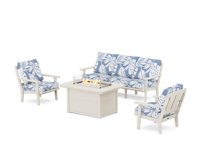 POLYWOOD® Mission Deep Seating Fire Pit Table Set in Sand / Leaf Sky Blue