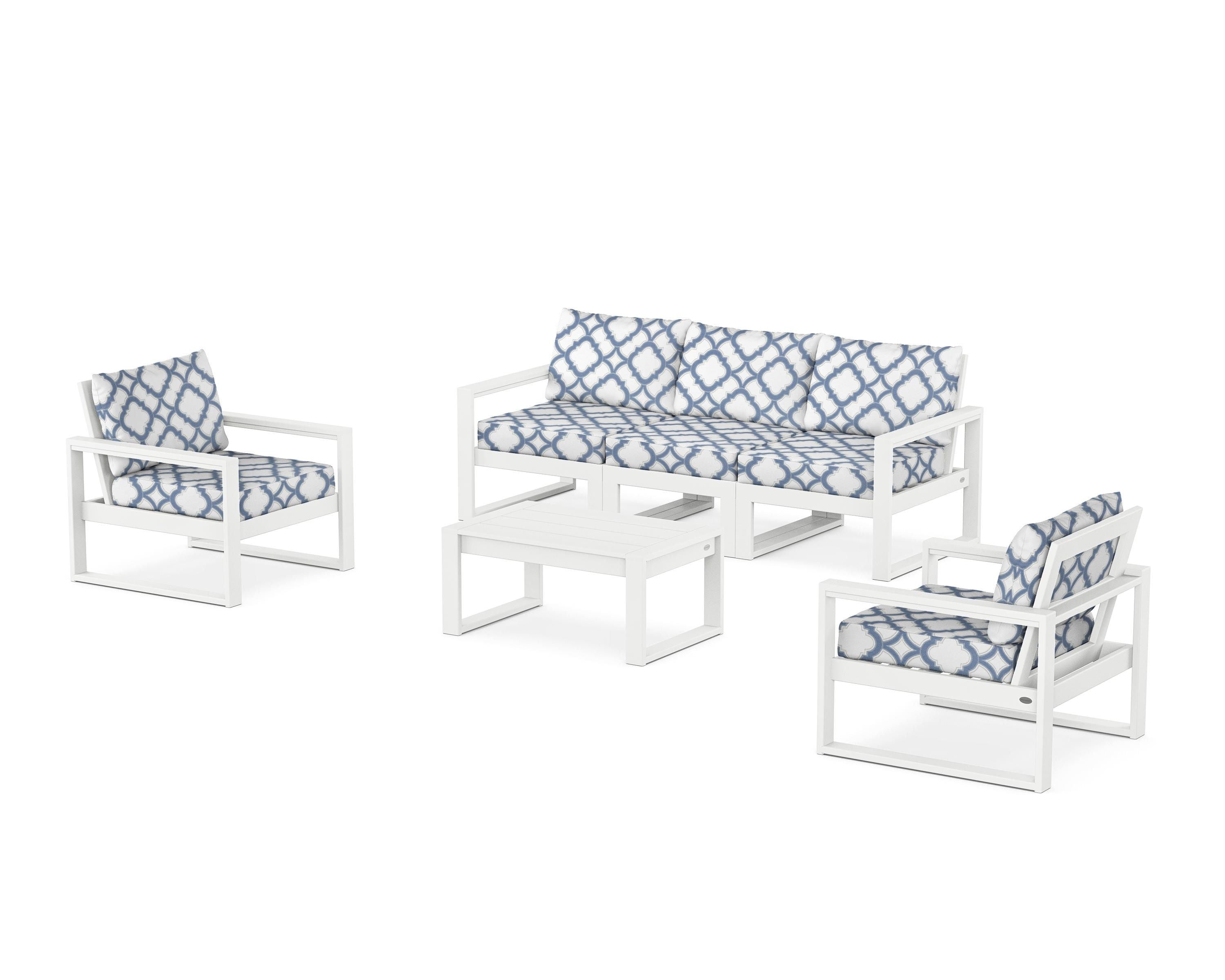 POLYWOOD® EDGE Sectional 4-Piece Deep Seating Set with Sofa in White / Trellis Sky Blue