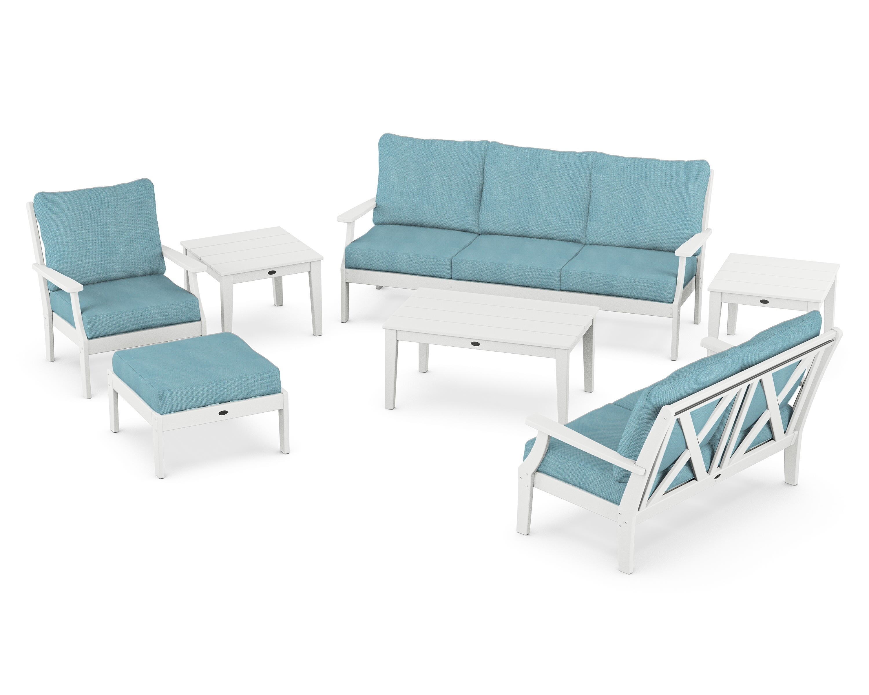 POLYWOOD® Braxton 7-Piece Deep Seating Set in White / Lattice Sky Blue