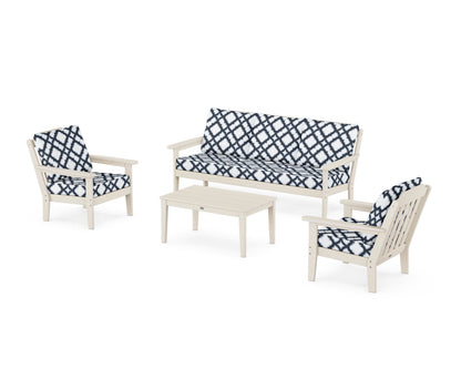 Country Living Cottage 4-Piece Deep Seating Set with Sofa in Sand / Trellis Marine Indigo