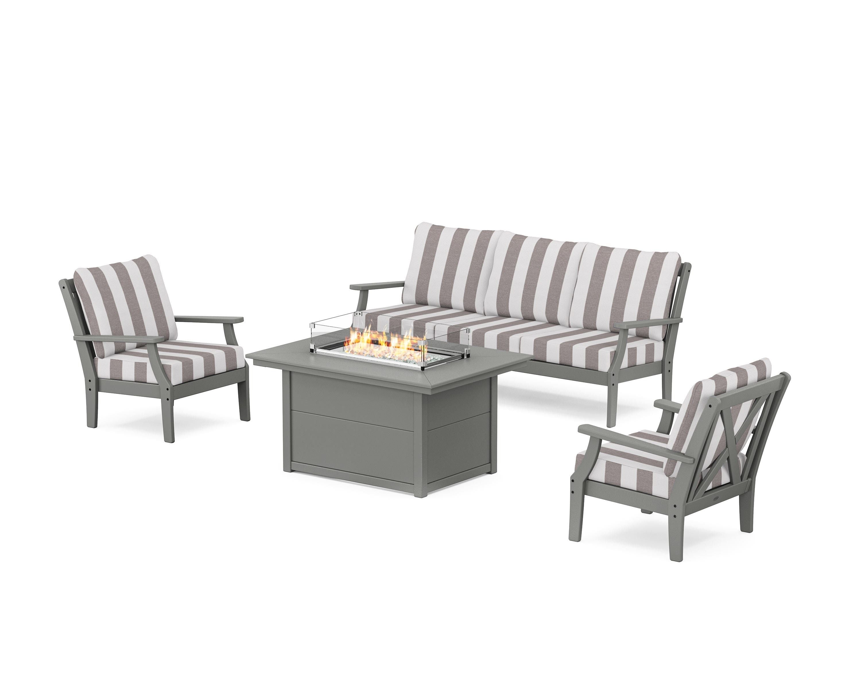 POLYWOOD® Braxton Deep Seating Fire Pit Table Set in Slate Grey / Cabana Stripe Grey Mist