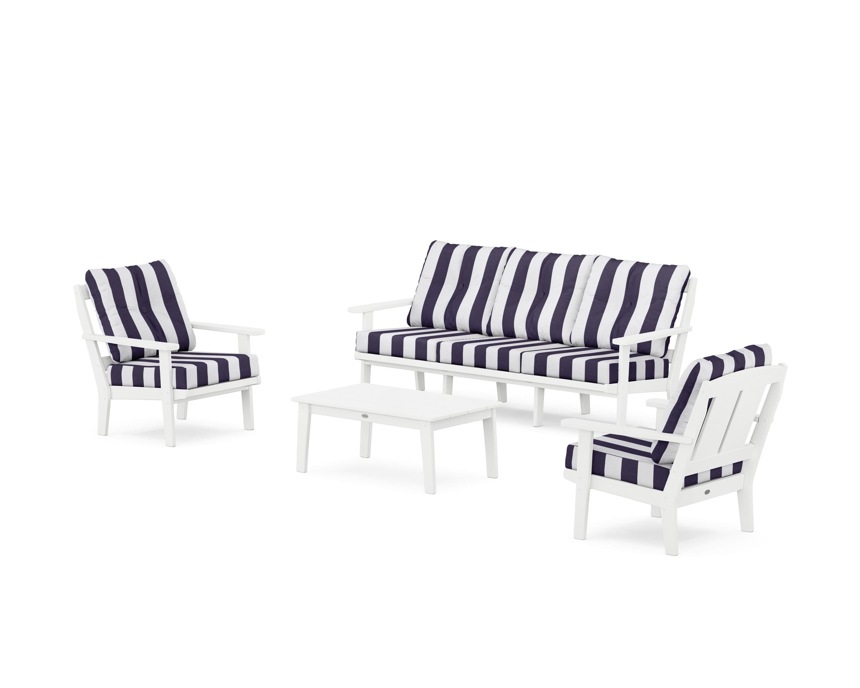 POLYWOOD® Mission 4-Piece Deep Seating Set with Sofa in White / Cabana Stripe Navy
