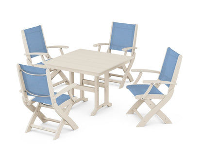 POLYWOOD® Coastal Folding Chair 5-Piece Farmhouse Dining Set in Sand / Poolside Sling