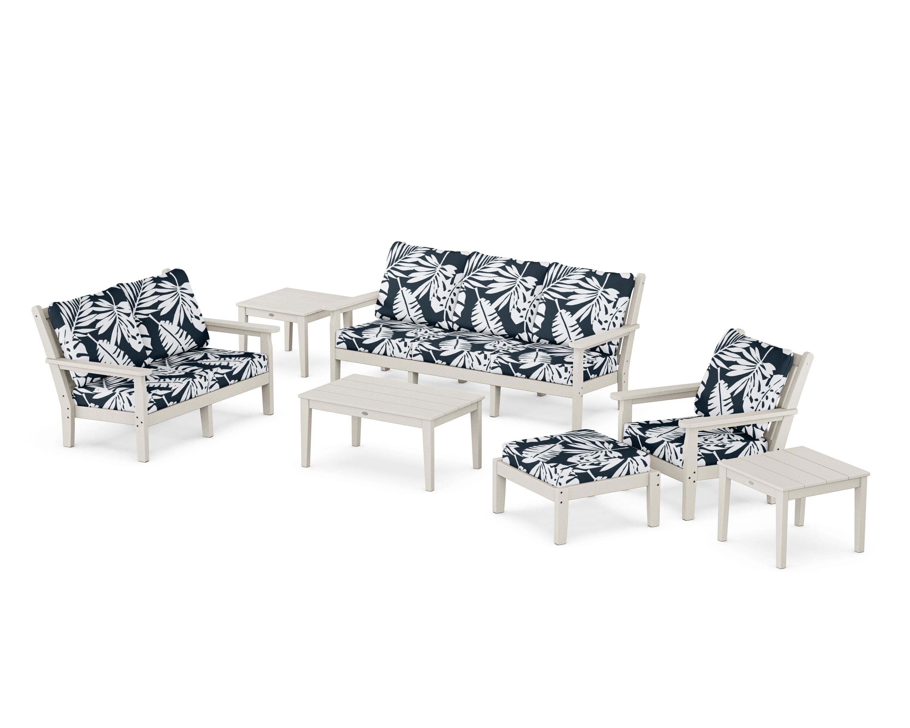 POLYWOOD® Chippendale 7-Piece Deep Seating Set in Sand / Leaf Marine Indigo