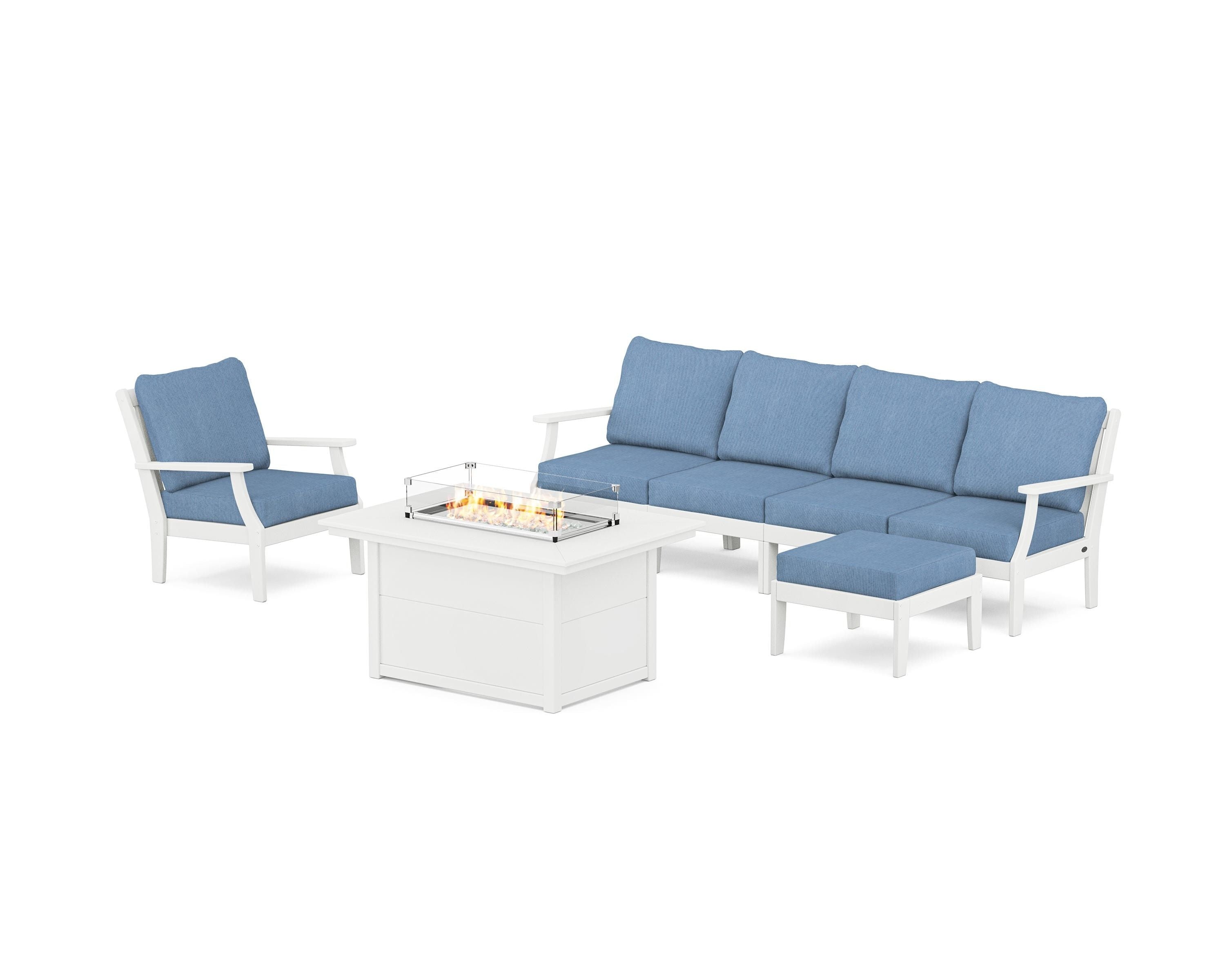POLYWOOD® Braxton Sectional Lounge and Fire Pit Set in White / Sky Blue