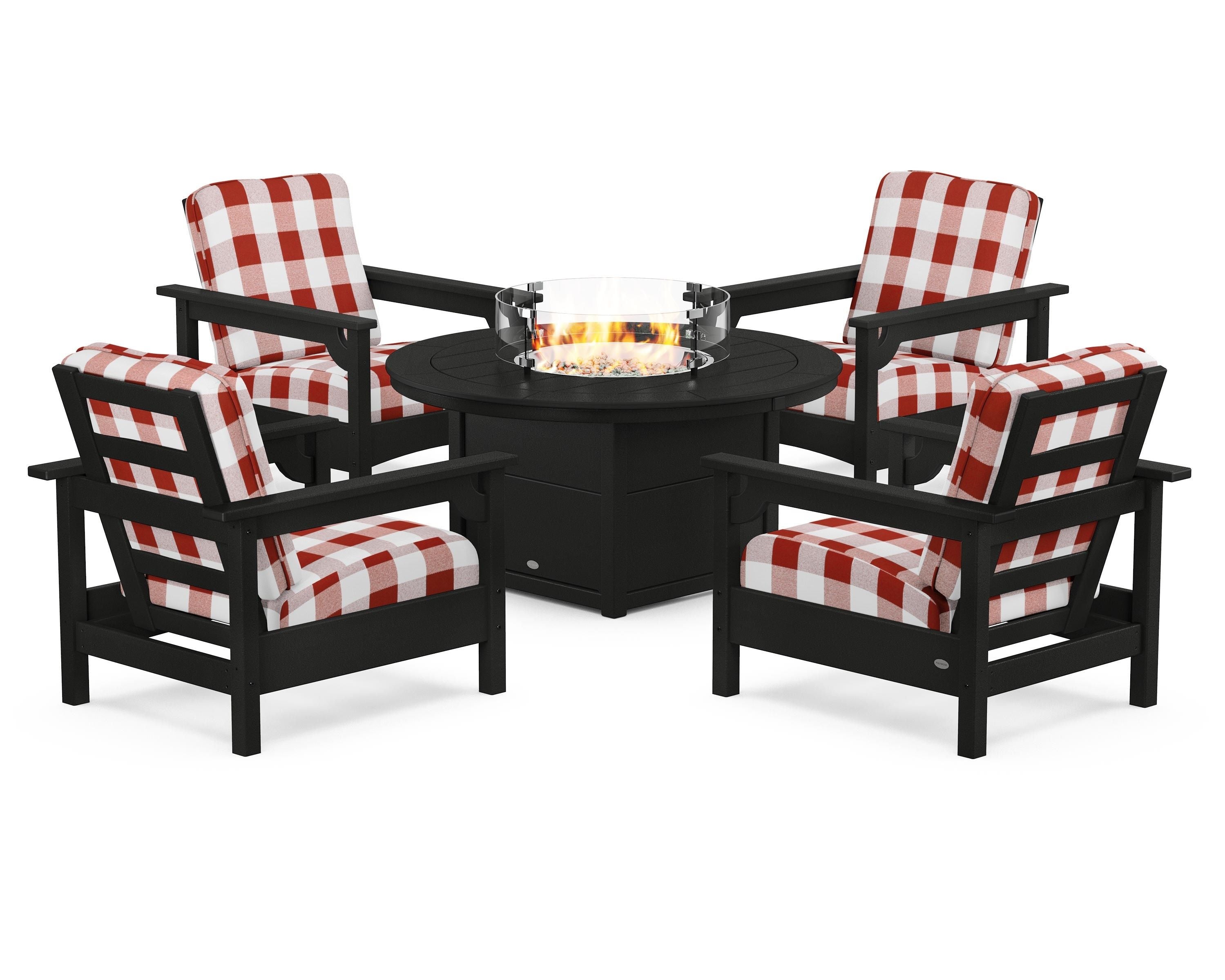 POLYWOOD® Club 5-Piece Conversation Set with Fire Pit Table in Black / Buffalo Plaid Crimson