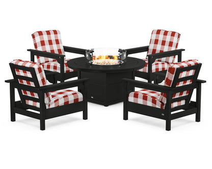 POLYWOOD® Club 5-Piece Conversation Set with Fire Pit Table in Black / Buffalo Plaid Crimson