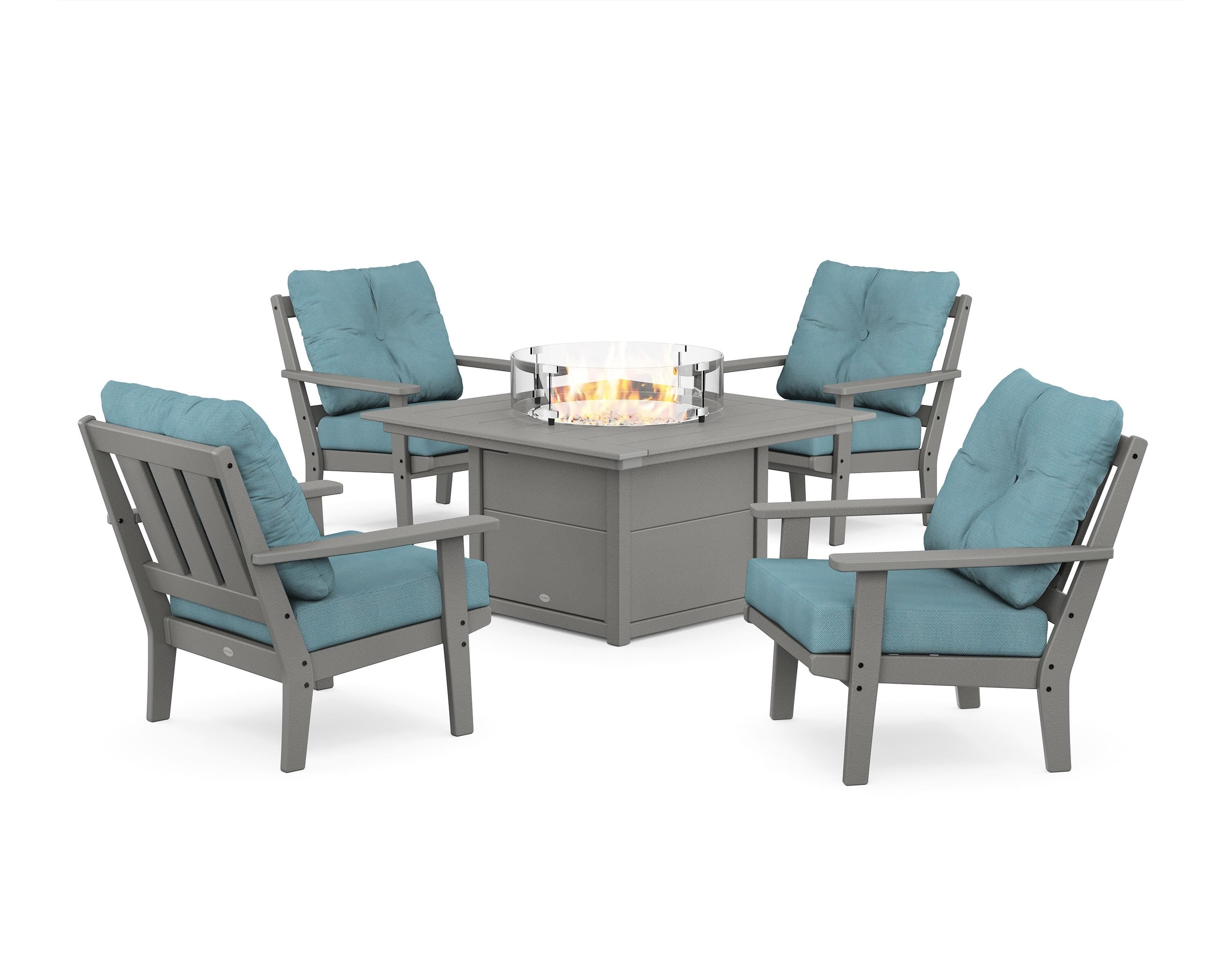 POLYWOOD® Oxford 5-Piece Deep Seating Set with Fire Pit Table in Slate Grey / Lattice Sky Blue