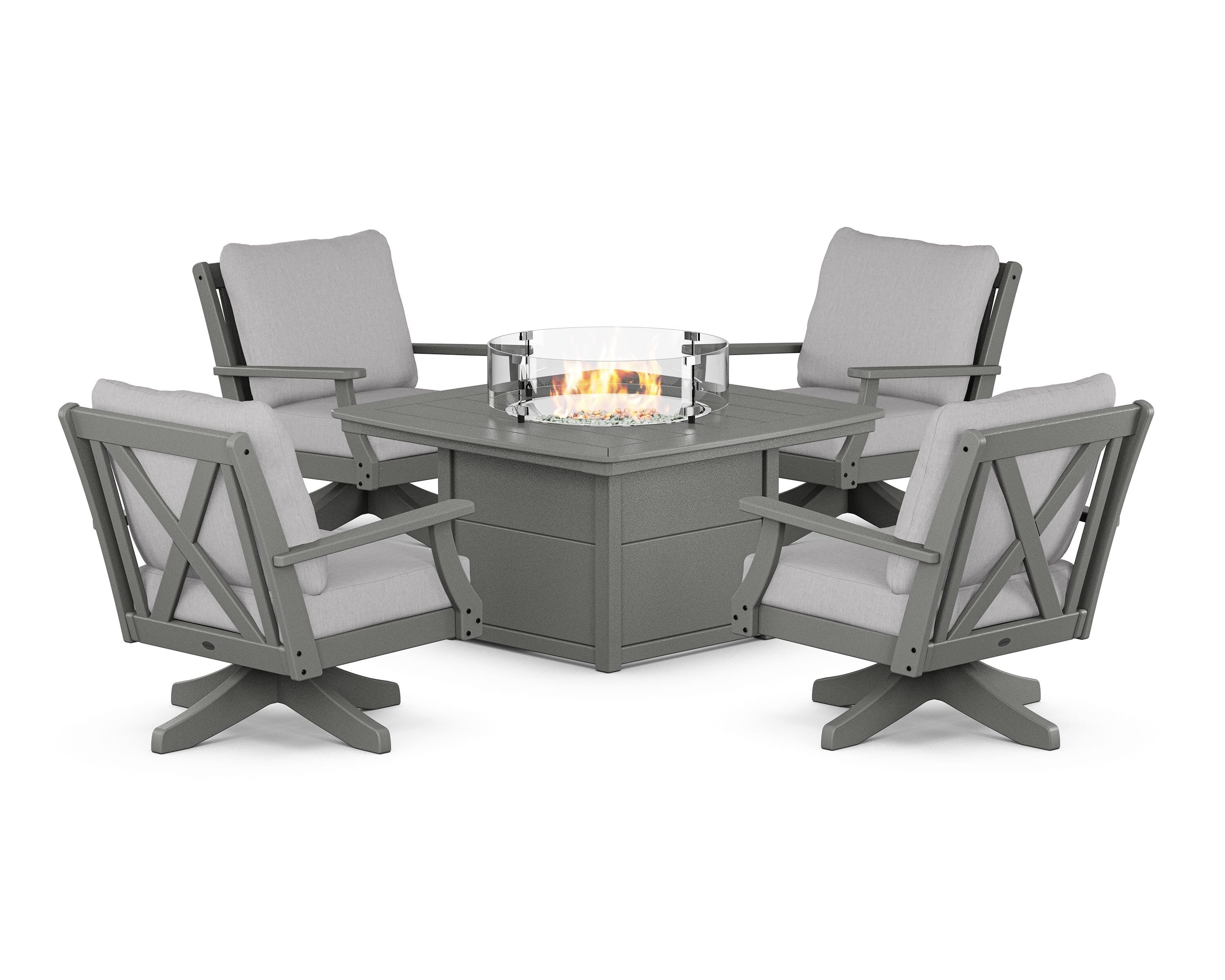 POLYWOOD® Braxton 5-Piece Deep Seating Swivel Conversation Set with Fire Pit Table in Slate Grey / Granite
