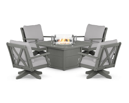 POLYWOOD® Braxton 5-Piece Deep Seating Swivel Conversation Set with Fire Pit Table in Slate Grey / Granite